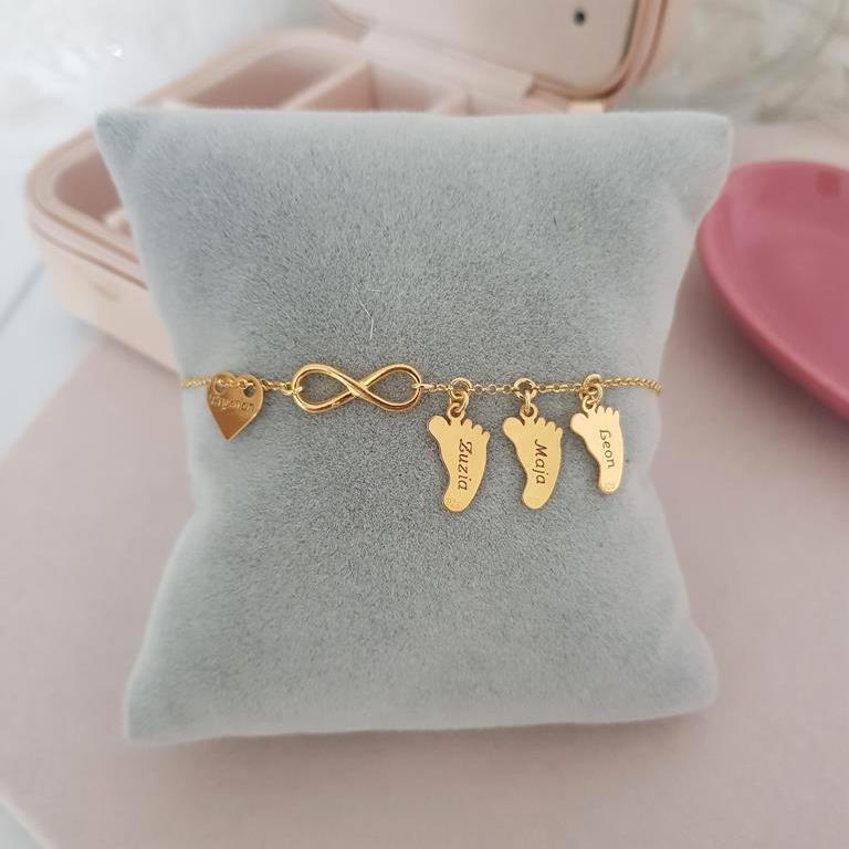 Pozłacana bransoletka z grawerem– serce, nieskończoność i 3 stópki- prezent pod choinkę