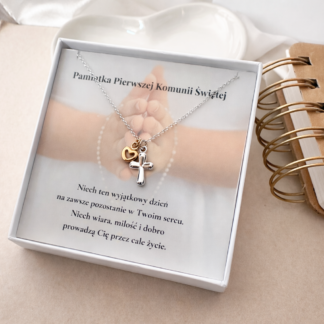 Srebrny Naszyjnik dla Dziewczynki Złote Serce i&nbsp;Krzyżyk na&nbsp;Komunię