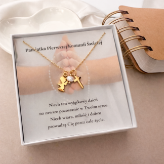 Pozłacany Naszyjnik dla Dziewczynki, Krzyżyk,  Aniołek i&nbsp;Perełka na&nbsp;Komunię