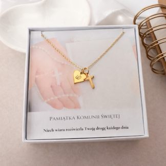 Pozłacany Naszyjnik dla Dziewczynki, Krzyżyk i&nbsp;serce z&nbsp;grawerem na&nbsp;Komunię