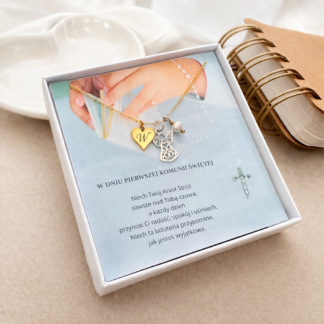 Pozłacany Naszyjnik dla Dziewczynki, Serce z&nbsp;grawerem, Aniołek i&nbsp;Perełka na&nbsp;Komunię