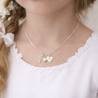 Srebrny Naszyjnik dla Dziewczynki, Skrzydełko, Perła i Serce z Grawerem na Komunię