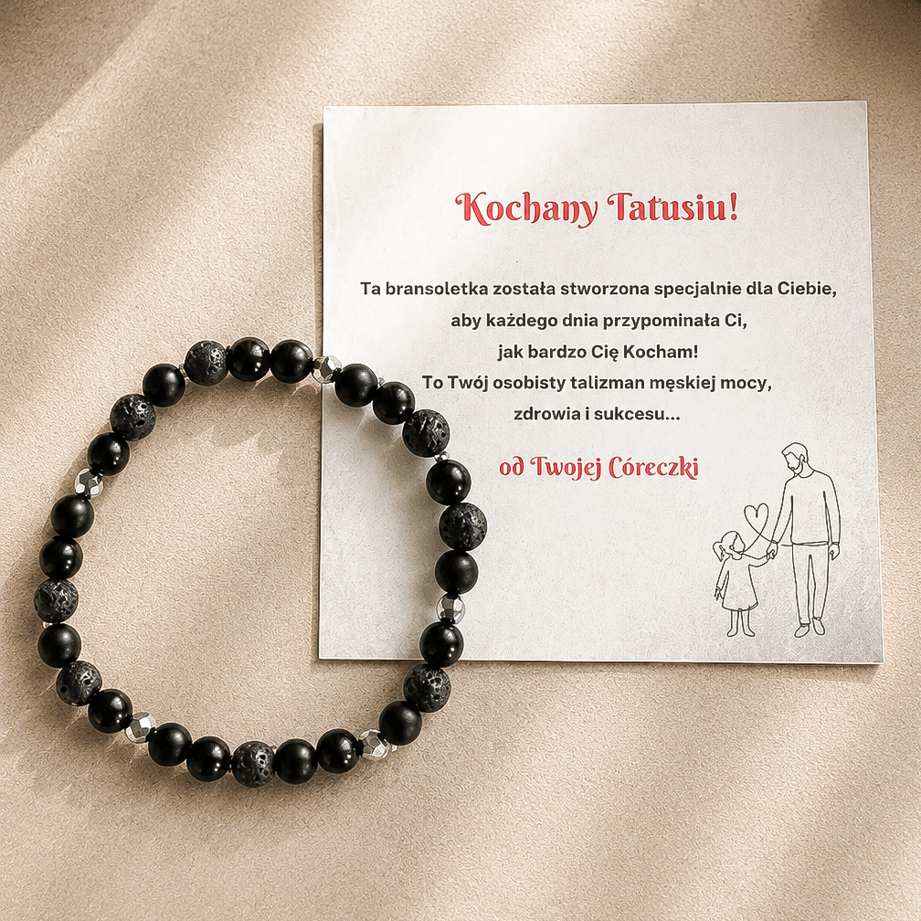 Bransoletka z intencją, na gumce dla TATY - onyks, turmalin, lawa wulkaniczna