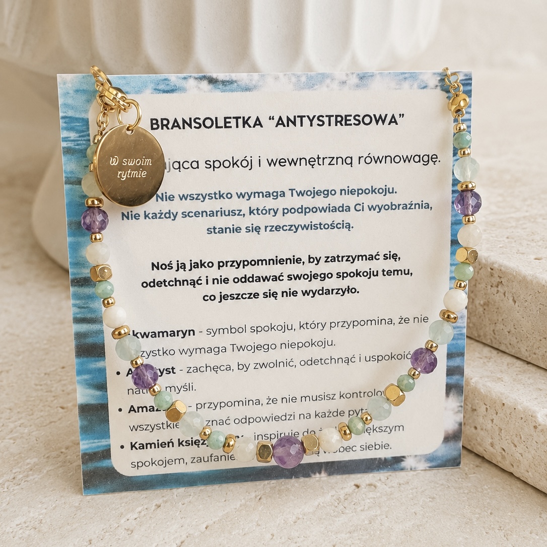 Bransoletka "ANTYSTRESOWA" z kamieni naturalnych - symbol wewnętrznego spokoju + odpinana grawerowana blaszka - obrazek 3
