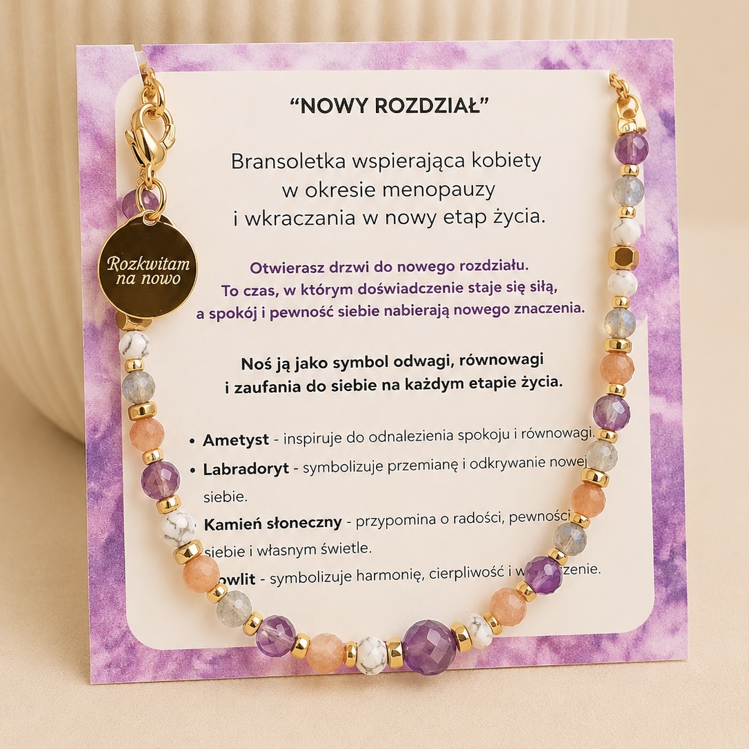 "NOWY ROZDZIAŁ"Bransoletka z kamieni naturalnych - symbol nowego etapu życia z odpinaną grawerowaną blaszką