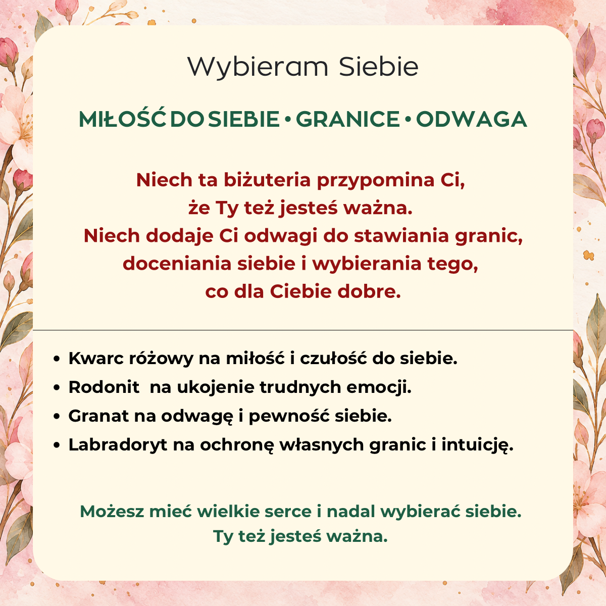 Naszyjnik "WYBIERAM SIEBIE" z kamieni naturalnych -kwarc różowy, rodonit, granat i labradoryt - obrazek 4